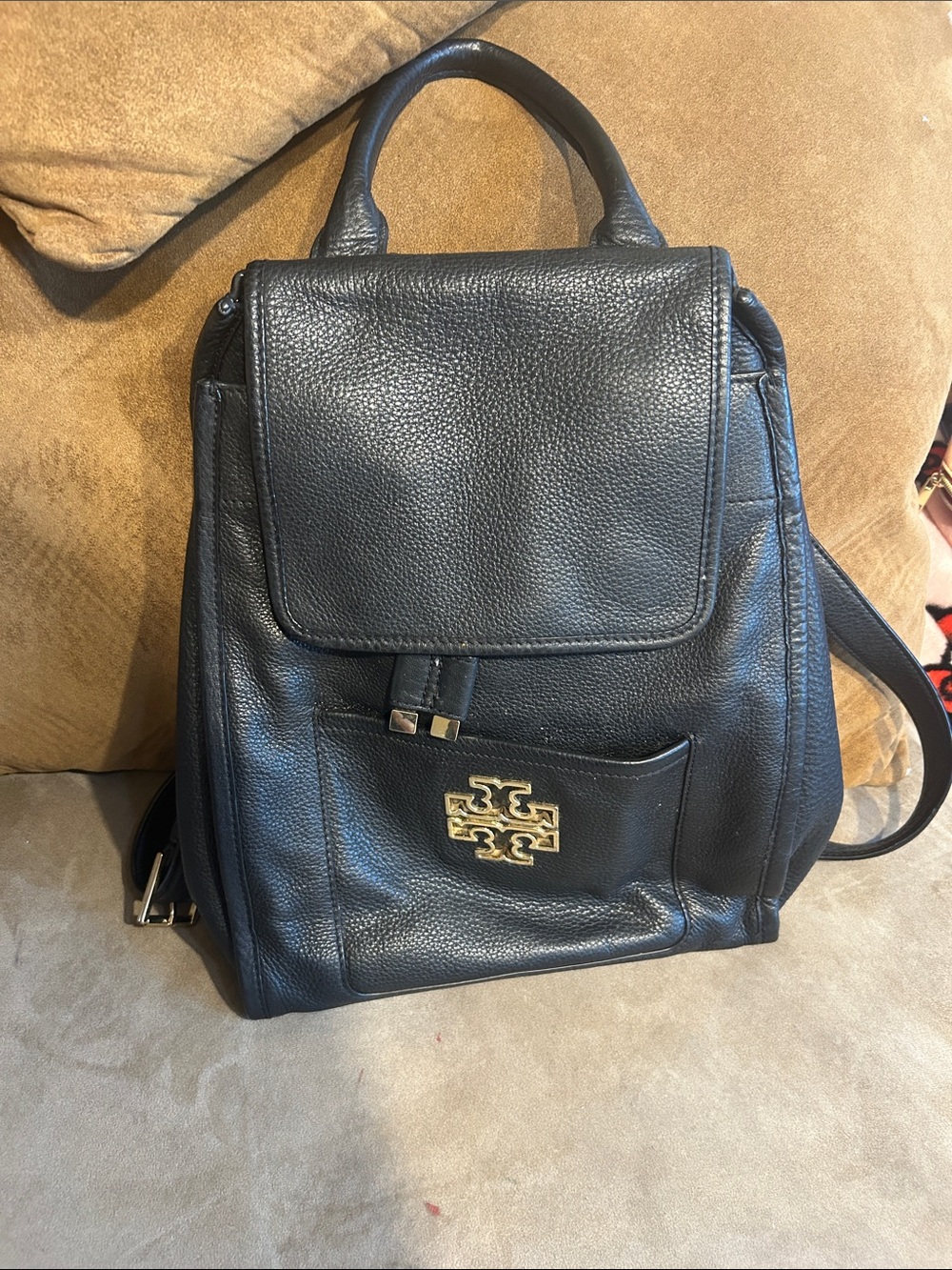 Tory Burch Black Pebbled Leather Backpack with Gold Logo